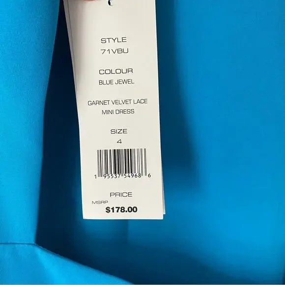French Connection NWTs Garnet Velvet Lace Sleeve Turquoise Blue Mini Dress 4 - Picture 12 of 12